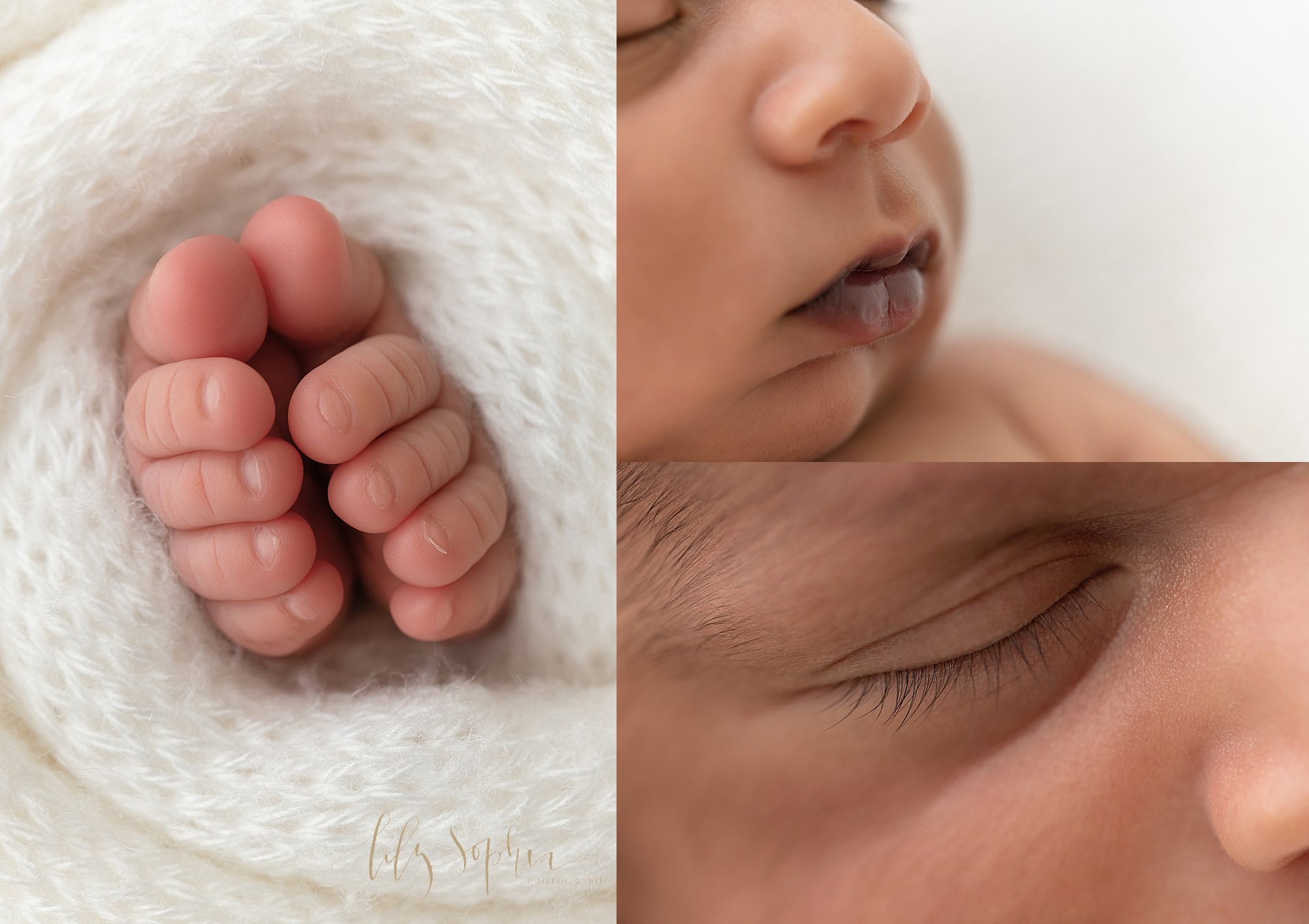  Photo collage of the delicate features of a newborn baby boy —his tiny toes peeking out from a soft white knitted blanket, his button nose and plump lips, and his wispy eyelashes — taken near Decatur in Atlanta, Georgia in a natural light studio. 