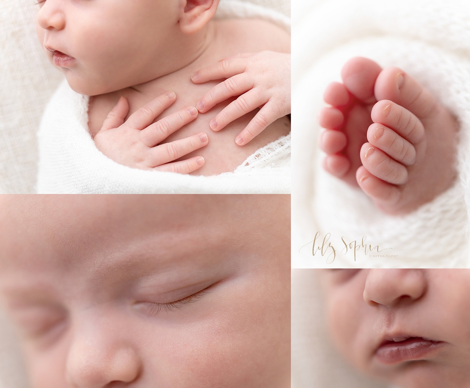 Newborn photo collage of the attributes of a newborn baby boy — his delicate fingers and tiny fingernails, his wispy eyelashes, his pouty milky lips, and his tiny toes peeking out from a blanket — taken in a natural light photography studio near Cum