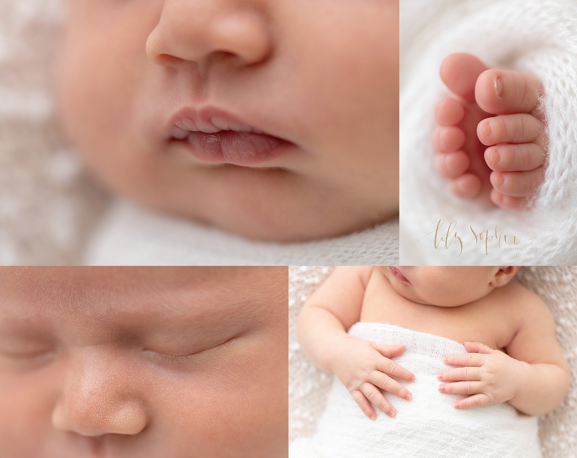  Newborn collage of the features of a newborn baby girl, her pouty lips, her tiny toes, her button nose and wispy eyelashes, and her delicate fingers taken in a photography studio using natural light near Kirkwood in Atlanta. 