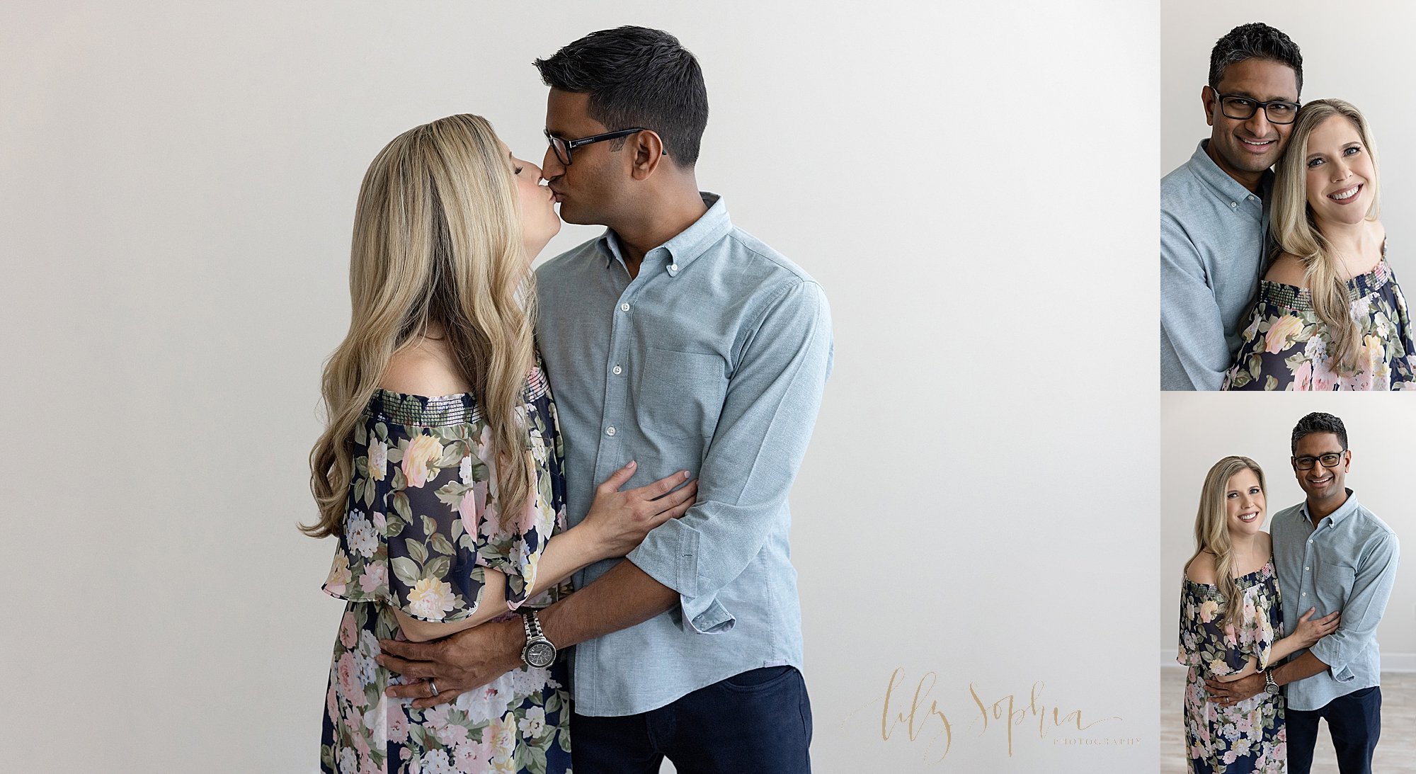  Photo collage of a husband and wife as they kiss one another, as they stand next to one another and as the wife stands in front of her husband with her back to his chest taken near Buckhead in Atlanta in a natural light studio. 
