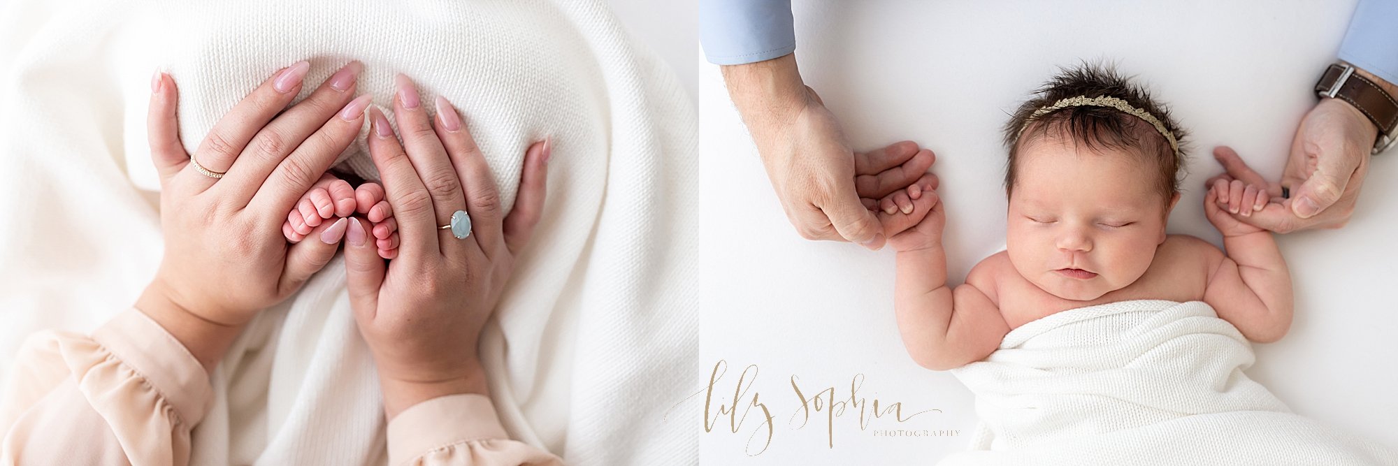  Newborn photo collage of a mother holding the tiny feet of her newborn baby girl and the newborn baby girl lies on her back and holds the index fingers of her father taken in natural light near Brookhaven in Atlanta in a photography studio. 