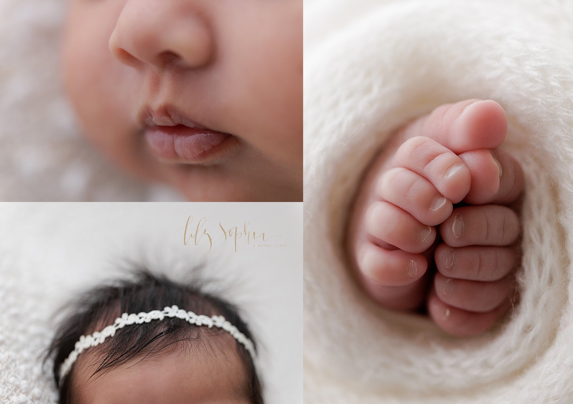  Newborn photo collage of the delicate features of a newborn baby girl — her wispy, fly-away jet black hair, her tiny toes peeking out from a soft white blanket, and her milky lips taken In Ponce City Market in Atlanta, Georgia in the Lily Sophia Pho