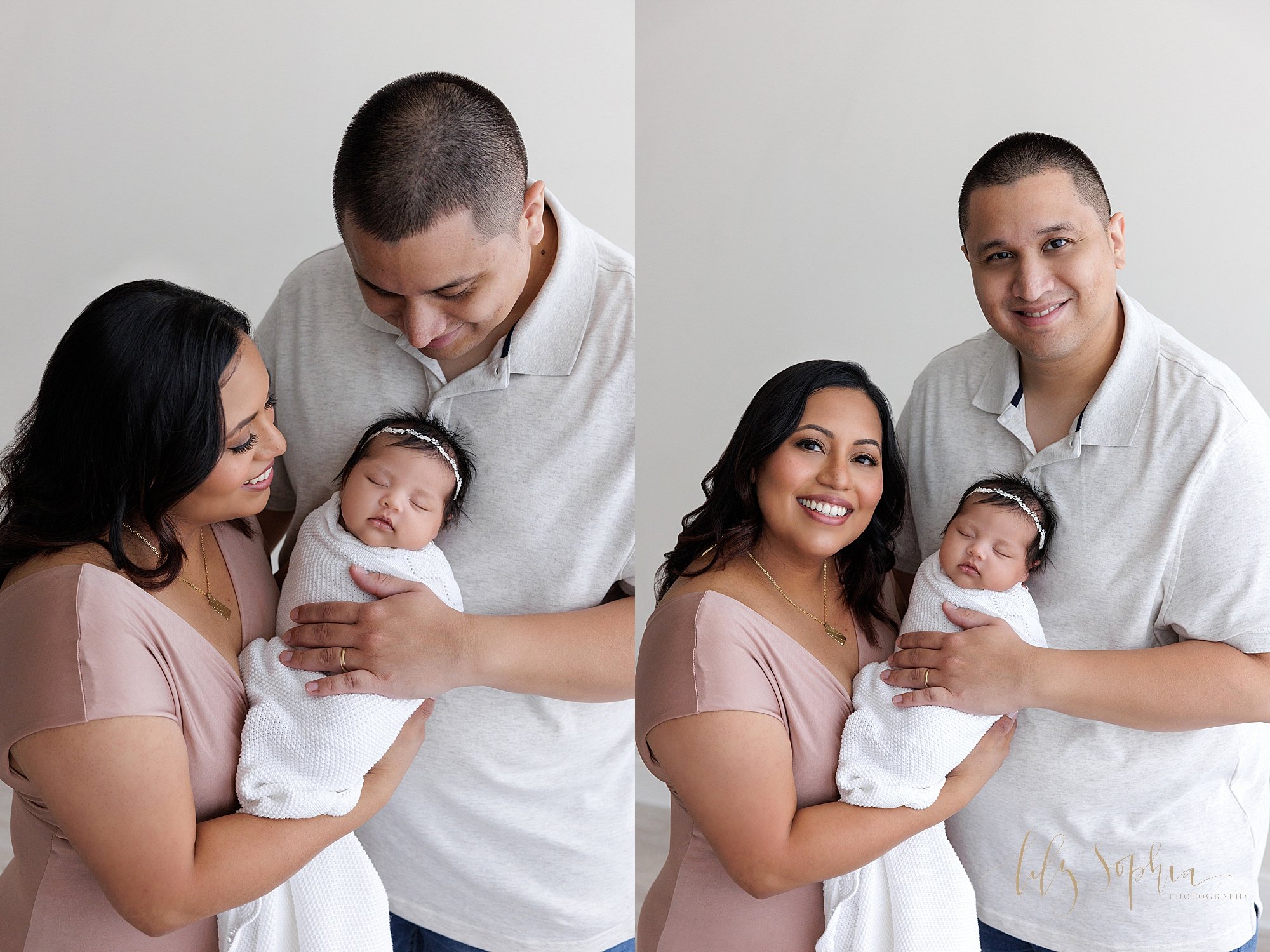  Split image family newborn photo with mom and dad holding their newborn baby girl in front of dad’s chest as the two of them admire their daughter and as they smile taken in a natural light studio near Brookhaven in Atlanta. 
