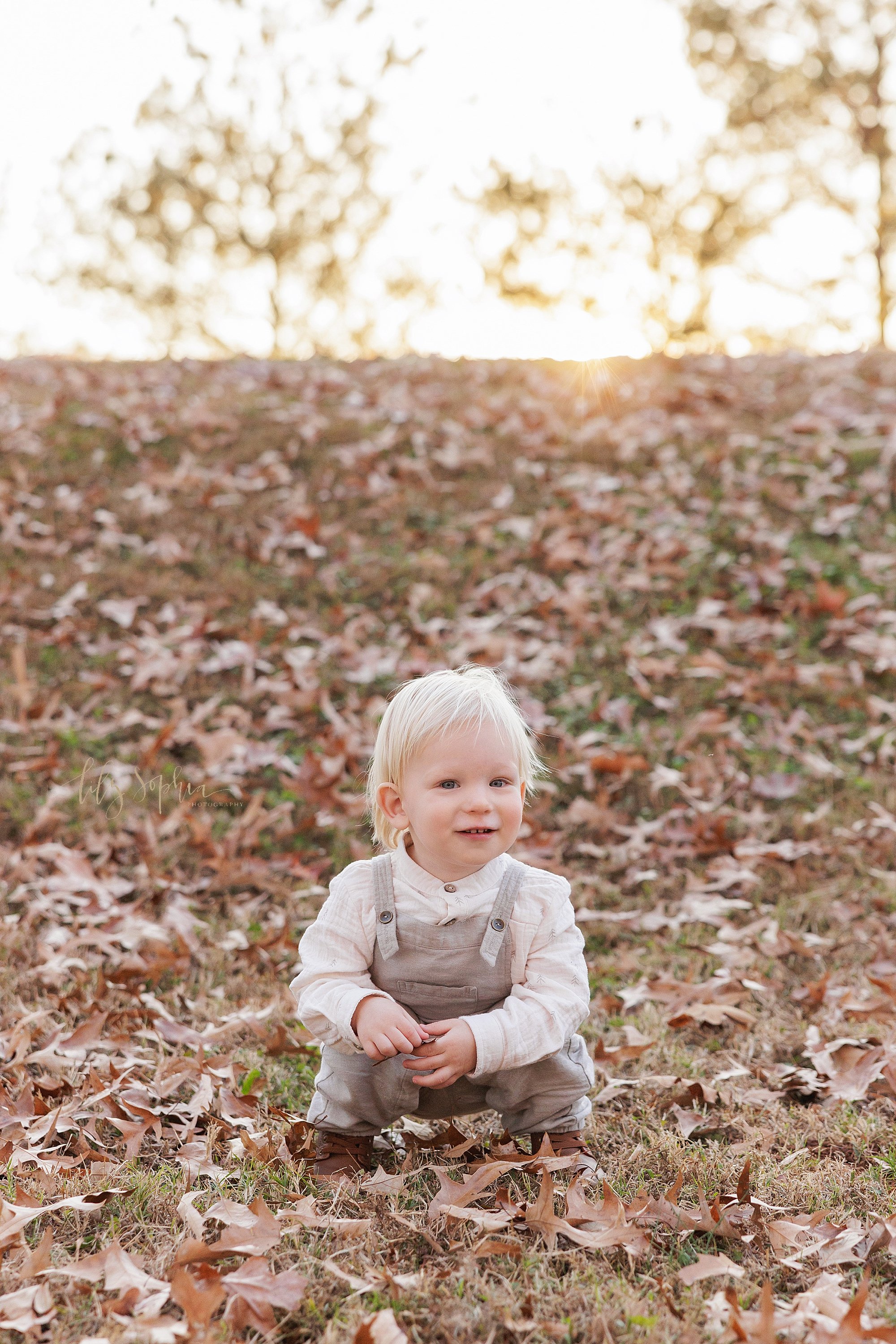 Family picture of a toddler boy as he squats to pick up a leaf in an Atlanta park during autumn at sunset. 