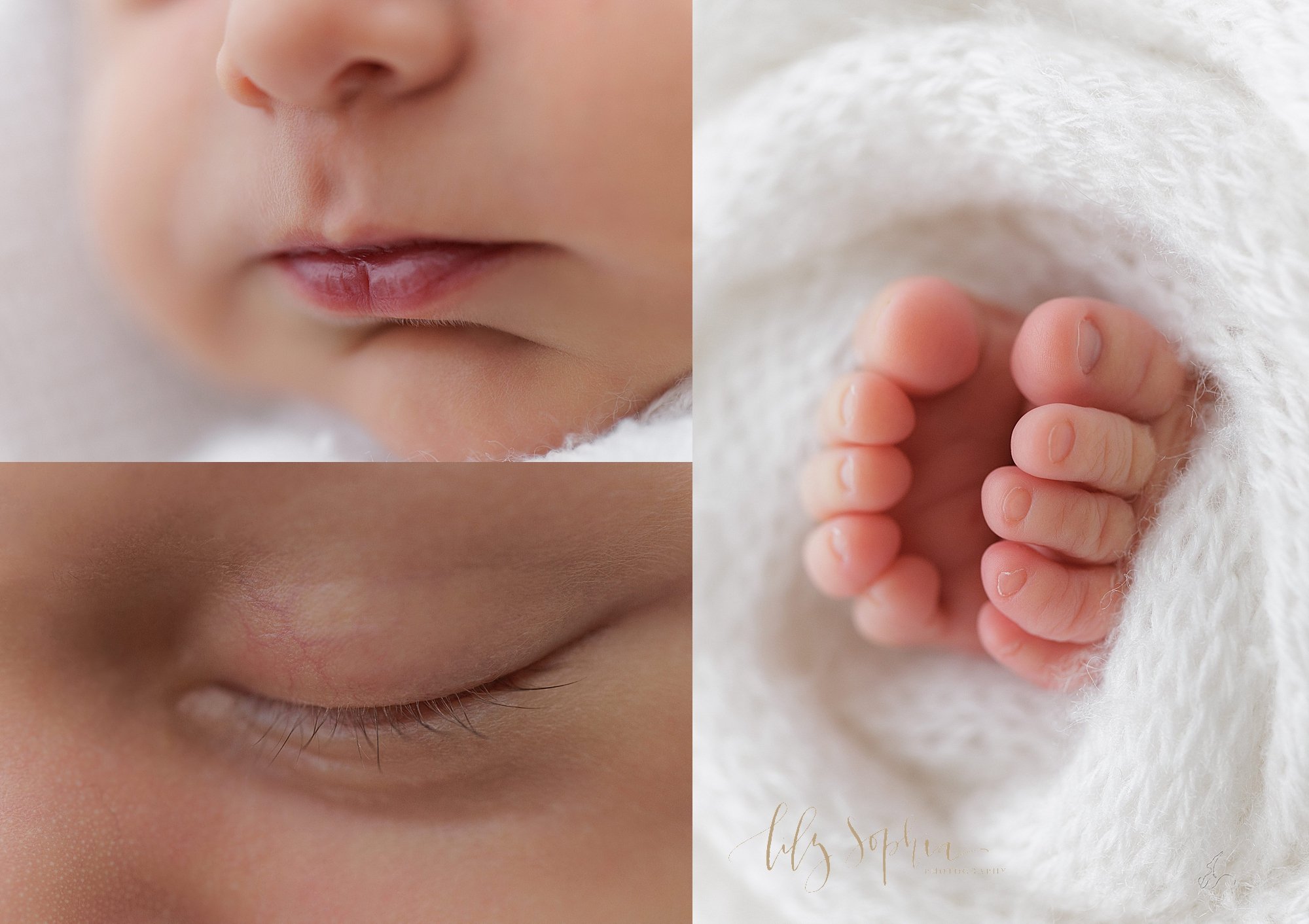  Newborn photo collage of the features of a newborn baby boy — his milky lips and dimpled chin, his wispy eyelashes, and his tiny toes peeking out from a soft white blanket taken in a studio using natural light near Poncey Highlands in Atlanta, Georg