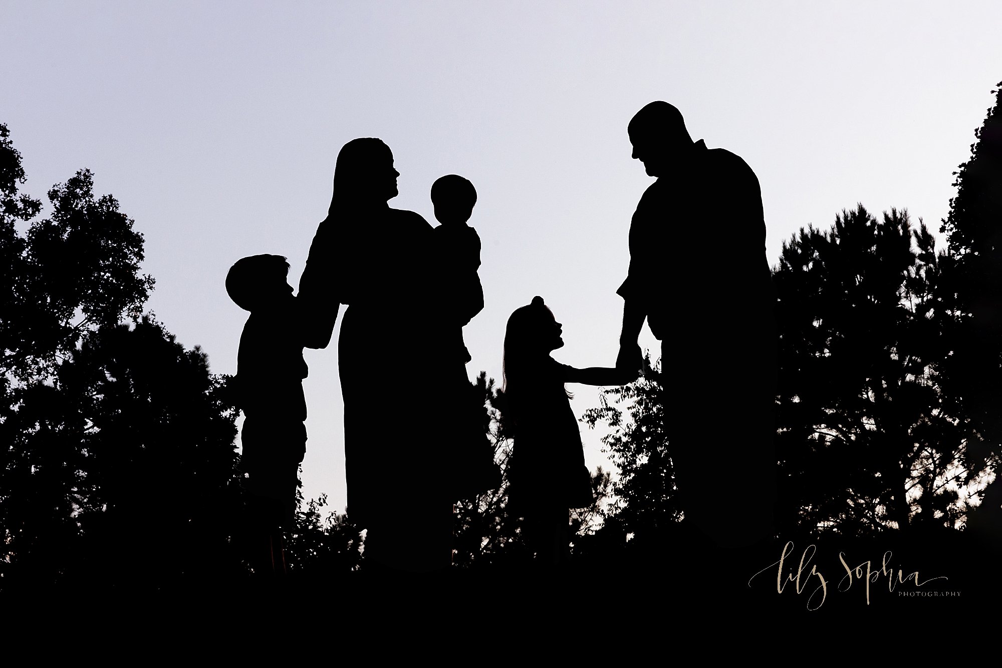  Family silhouette picture taken atop a hill in a park at sunset near Atlanta, Georgia. 