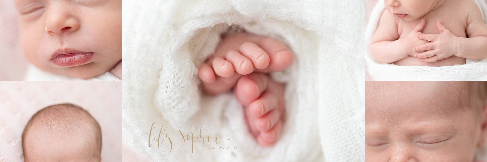  Newborn features collage of the milky lips, wispy hair, tiny toes, dainty fingers, and delicate eyelashes taken in a studio that uses natural light near Vinings in Atlanta. 