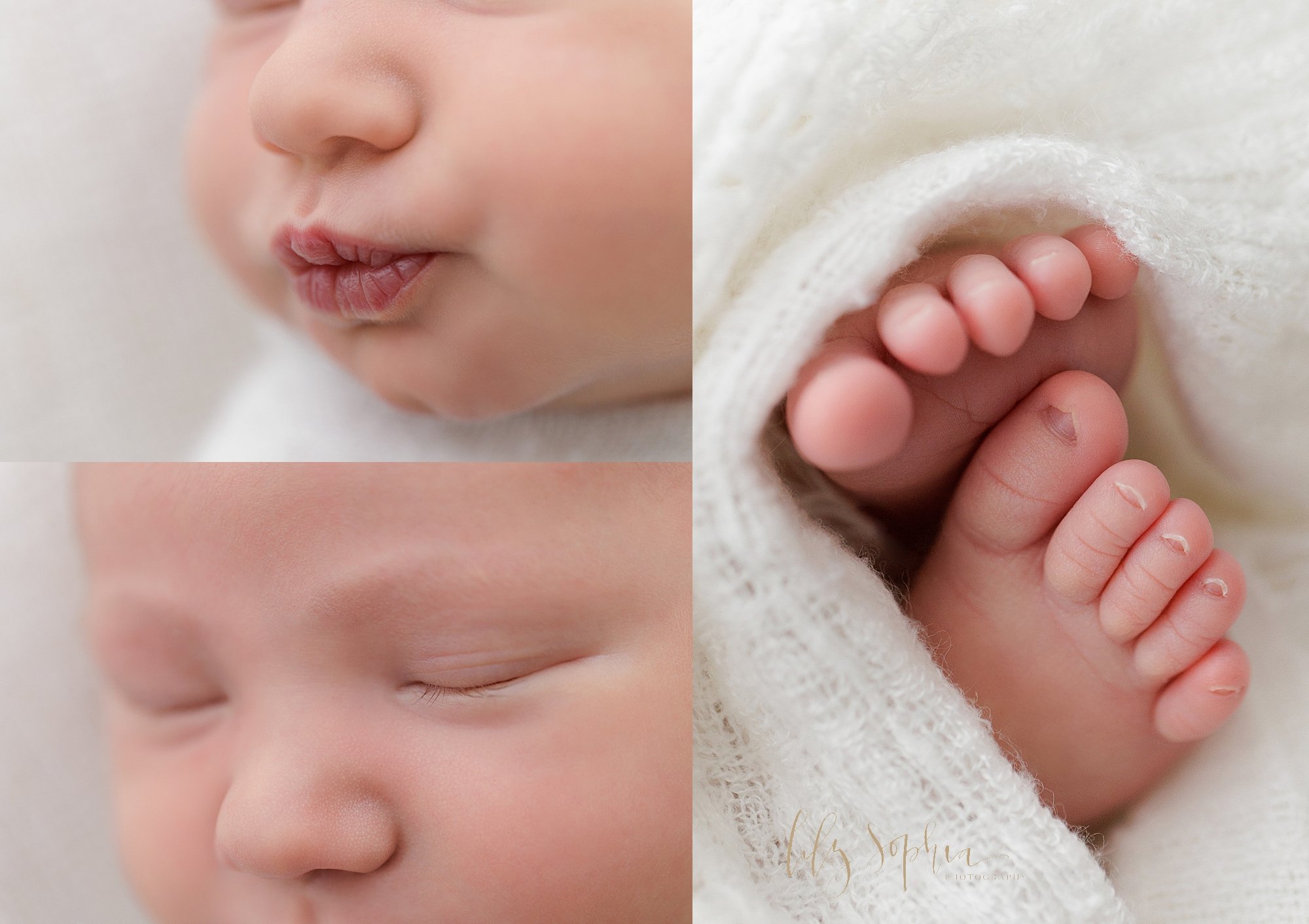  Newborn collage of the puckering lips, the tiny toes and the delicate eyelashes of a newborn baby boy taken near Midtown in Atlanta in a photography studio that uses natural light. 