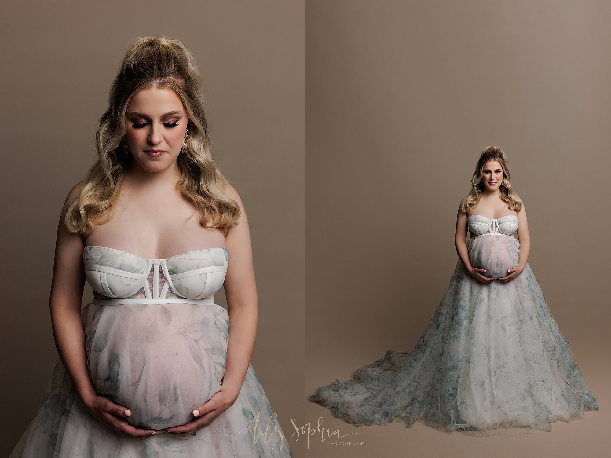  Split image modern maternity photo of a pregnant woman wearing a sheer strapless full-length flowing gown as she stands with her hands holding her belly in a photography studio near Decatur in Atlanta, Georgia. 