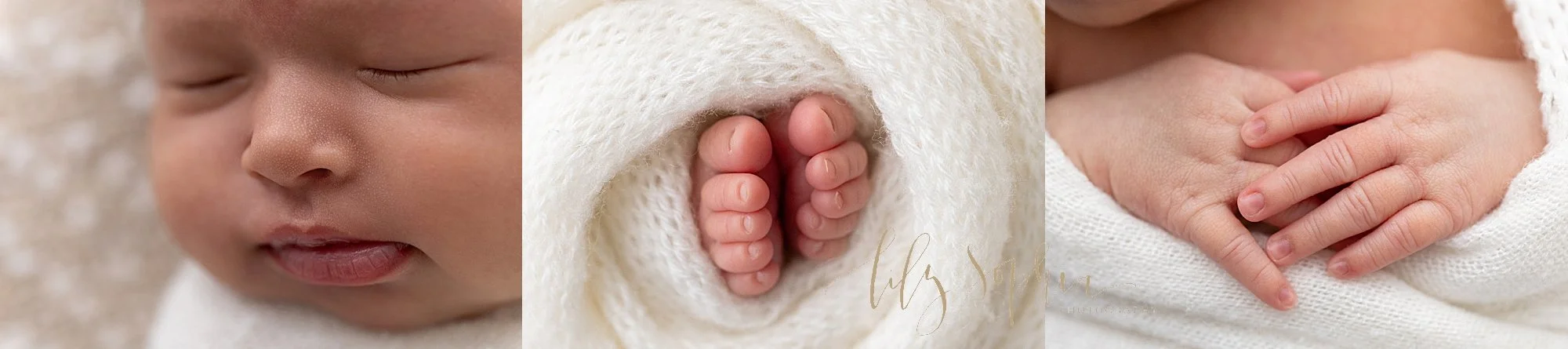  Newborn attributes of newborn baby girl, her chubby cheeks and plump and milky lips, her tiny toes peeking out of a white blanket and her delicate fingers taken in a natural light photography studio near Roswell in Atlanta, Georgia. 