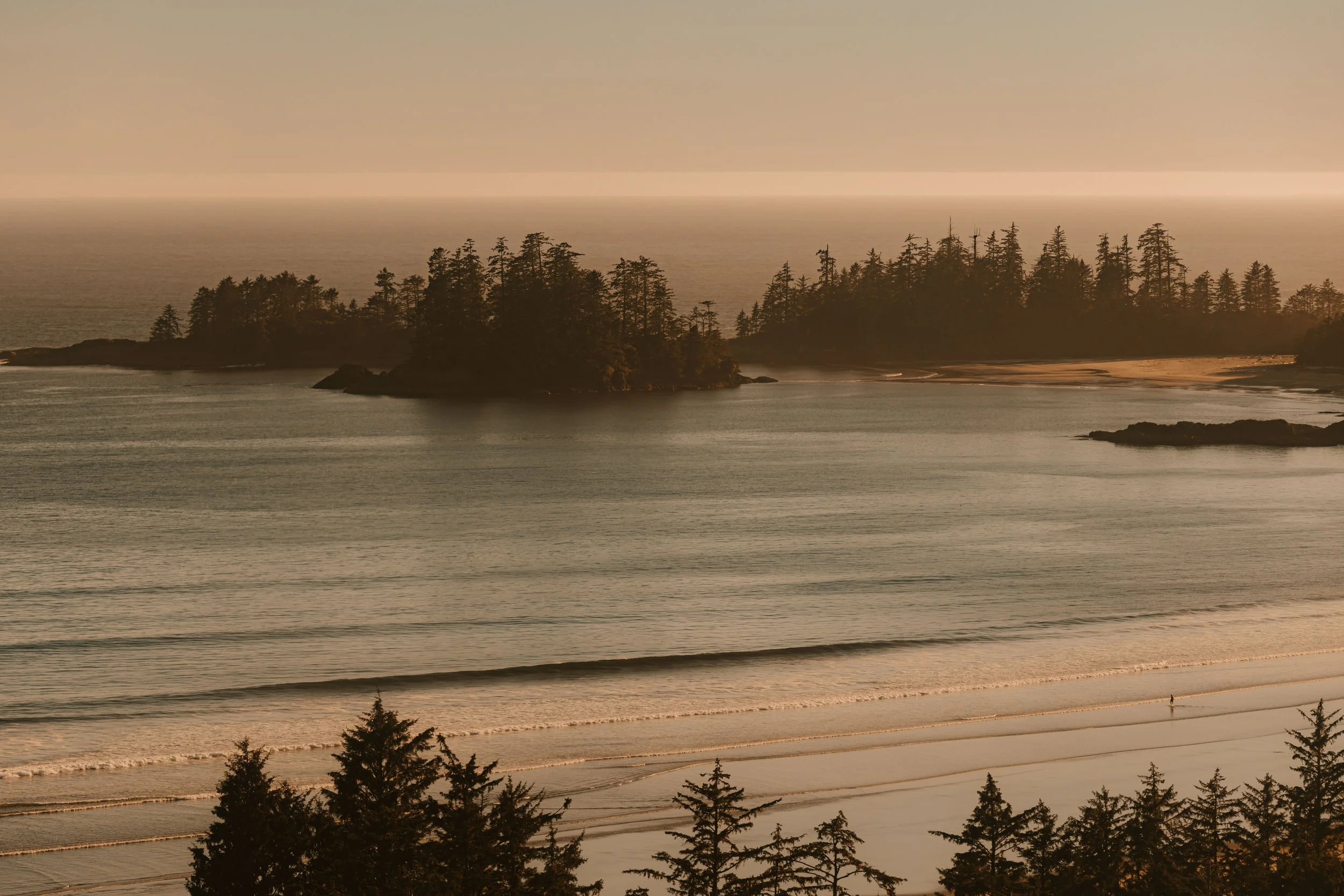aerial view of Tofino beach and ocean at sunset with trees in the foreground, a calm ocean with gentle waves, and small islands with trees in the background at golden hour