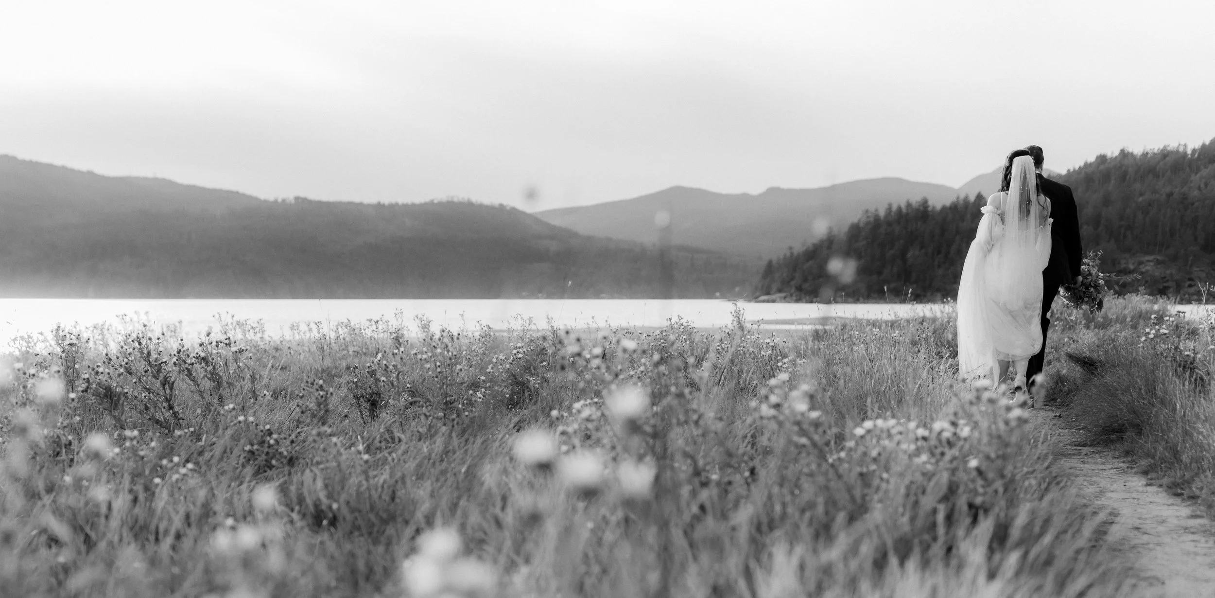 A black-and-white photograph of a bride and groom walking along a grassy path near a large body of water, with mountains in the background, during daytime.
