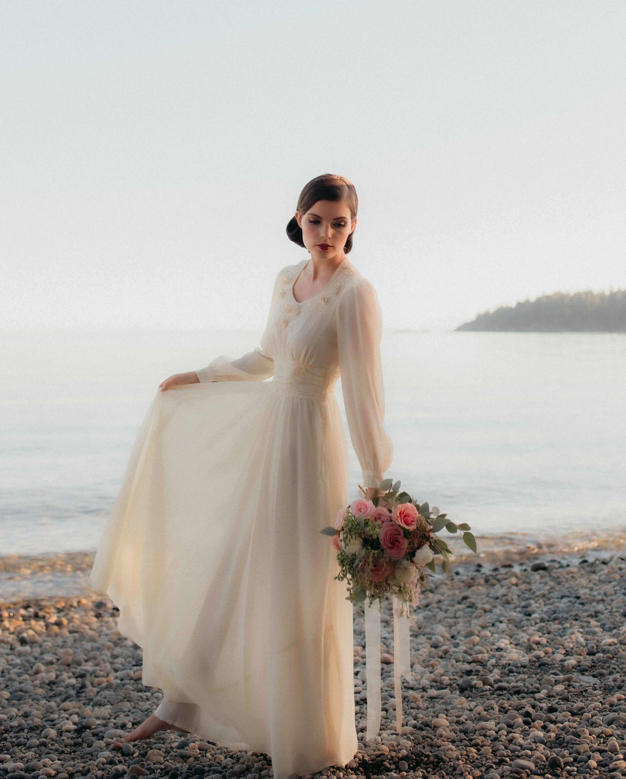  Vintage Bridal Photos on the Beach at Sunset on the Sunshine Coast, BC — Jennifer Picard Photography —Sunshine Coast and Vancouver Wedding Photographer and Videographer Team 