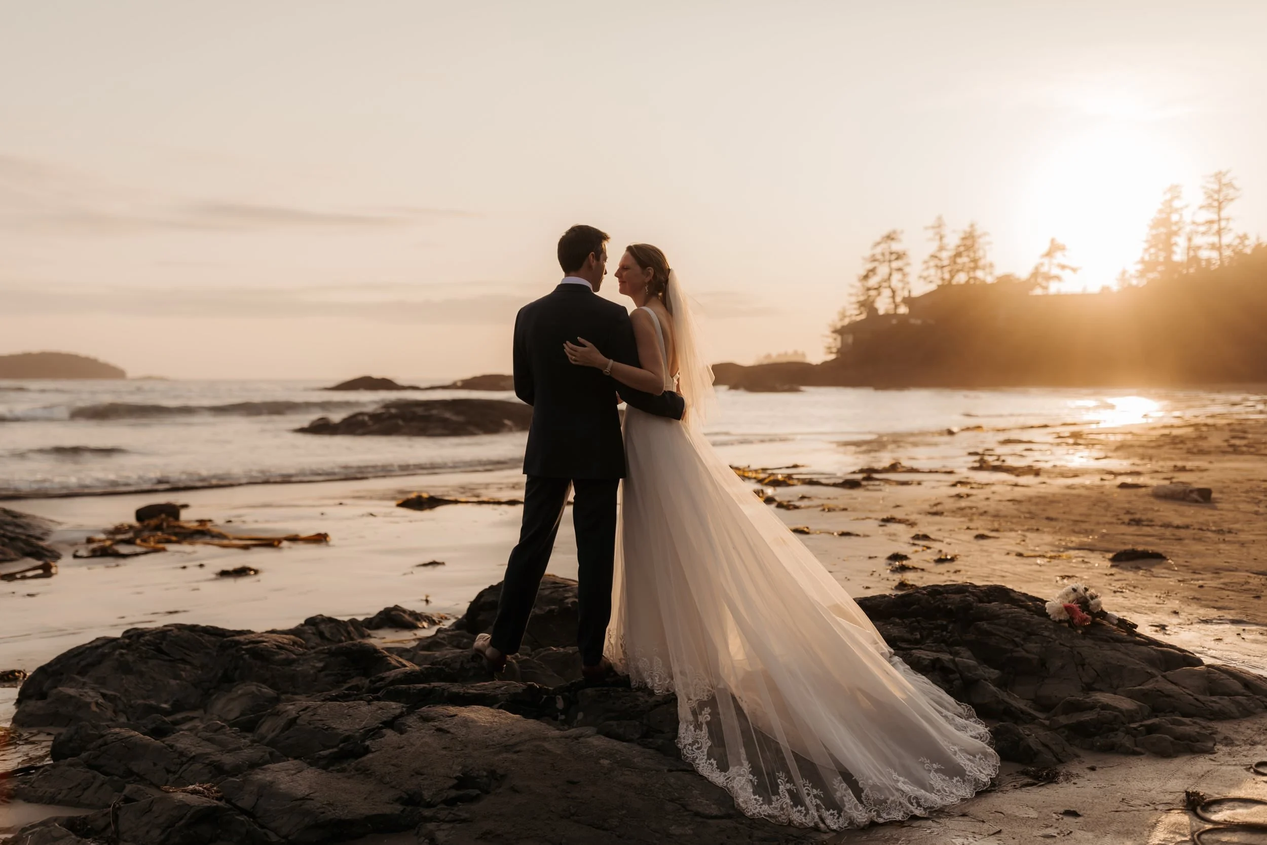  Tofino Elopement Photos at The Wickaninnish Inn on the Beach at Sunset and a ceremony in the rain forest 