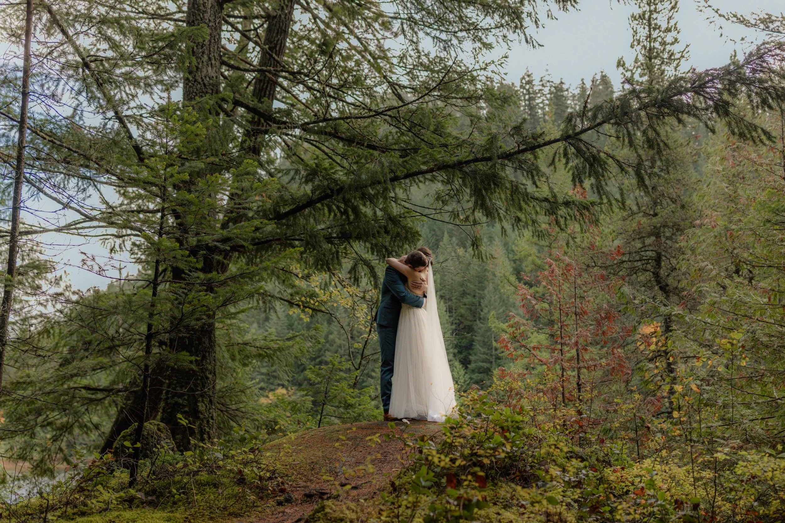 A bride and groom embracing during their elopement on a forested hill surrounded by tall trees and lush greenery at Alice Lake in Squamish, BC