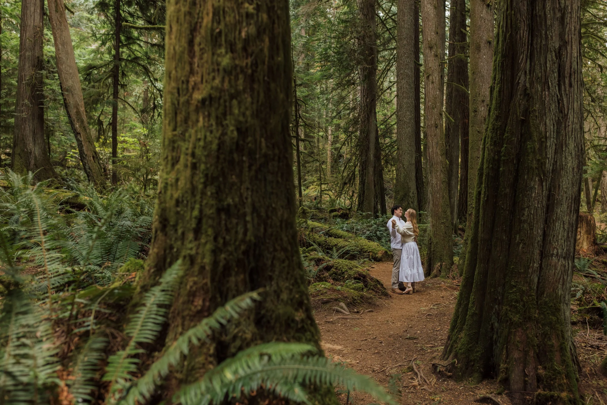 engagement couple slow dancing in the lush rain forest in the sechelt inlet on the Sunshine Coast, BC