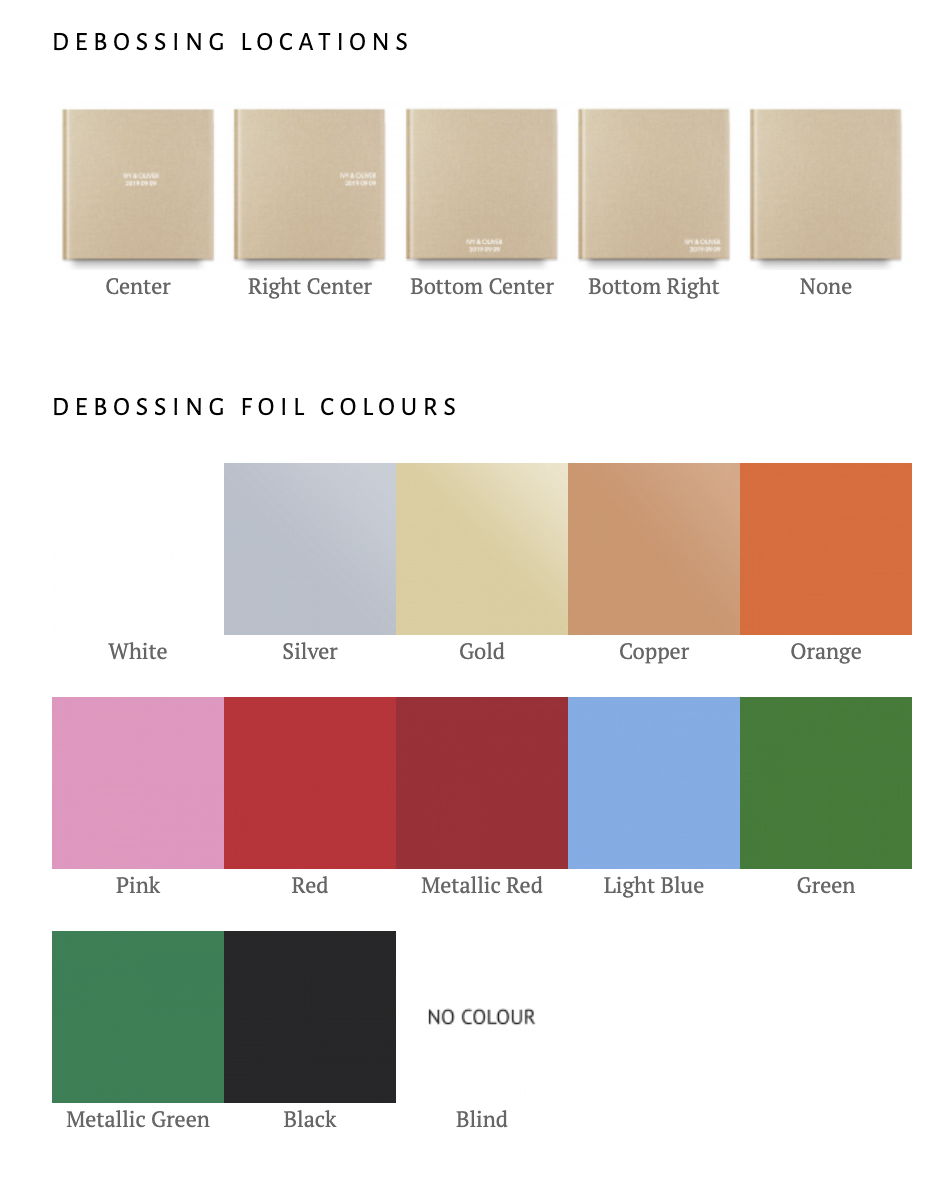 A guide showing different debossing locations on a beige book cover and corresponding foil colors. The debossing options include center, right center, bottom center, bottom right, or none. The foil colors include white, silver, gold, copper, orange, pink, red, metallic red, light blue, green, metallic green, black, or no color (blind).