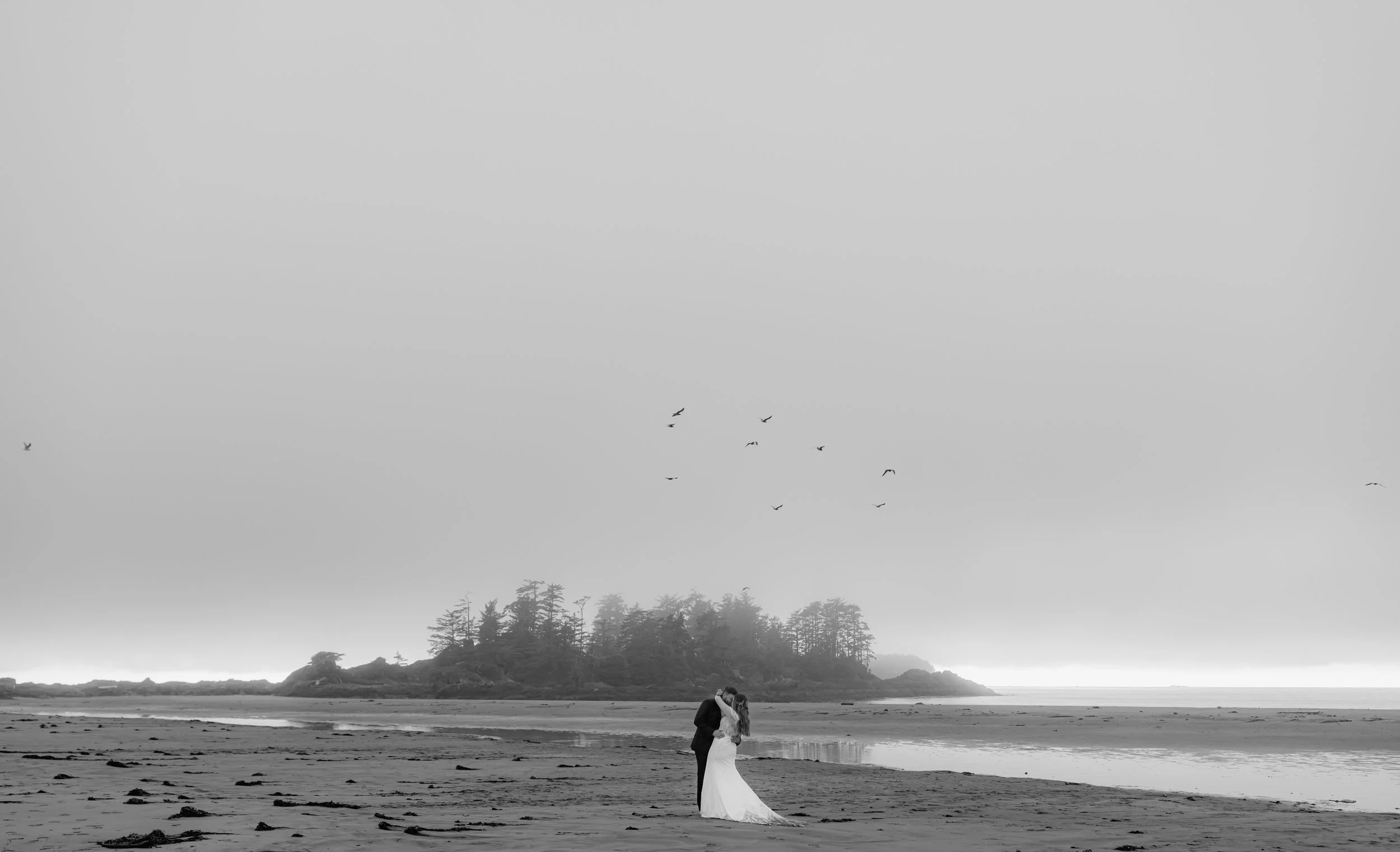A couple in wedding attire standing on a beach, embracing and kissing with a secluded island and flying birds in the background, in black and white.