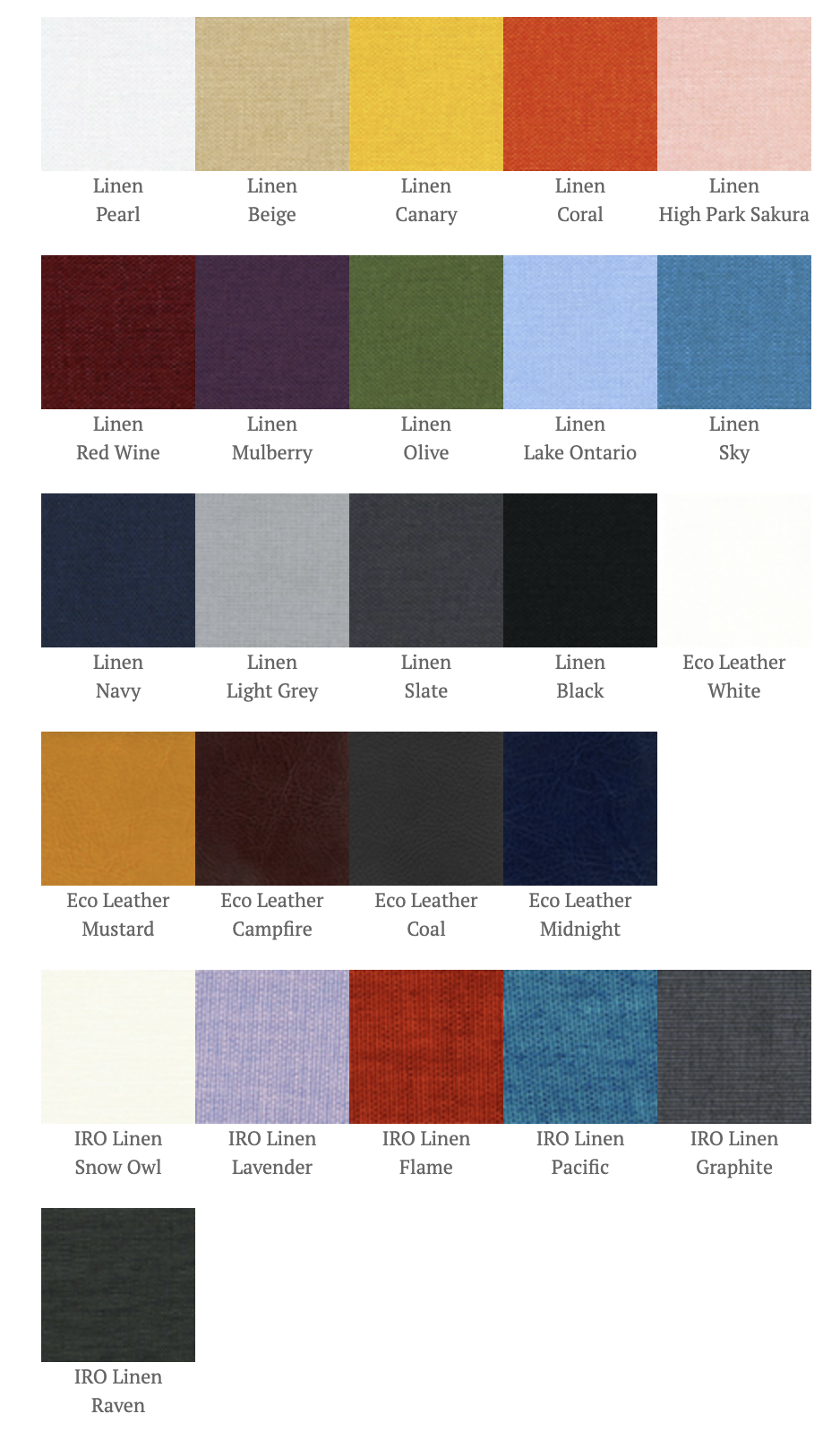 A selection of fabric swatches with various colors and textures, organized into rows. The first row features linen colors from Pearl to High Park Sakura. The second row shows linen shades from Red Wine to Sky. The third row offers navy, light grey, slate, black linen, and eco leather in white. The fourth row displays eco leather in mustard, campfire, coal, and midnight colors. The fifth row contains IRO linen colors from Snow Owl to Graphite, including a black swatch labeled Raven.