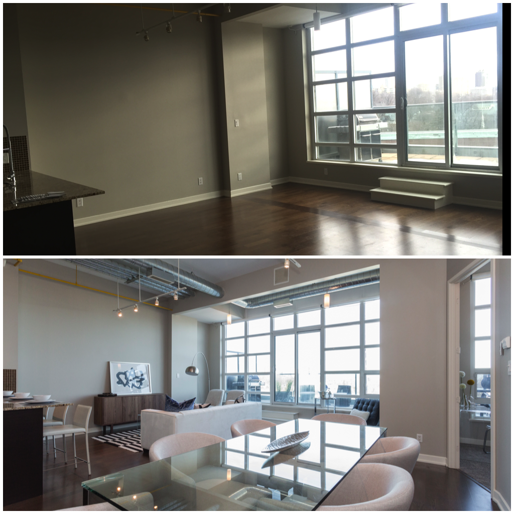 Check out those floor to ceiling windows and tall ceilings! By bringing in pieces of the proper scale, potential buyers focus on the benefits of a property, instead of worrying about how to use a space and how large it is. Furniture gives context, which in turns gives buyers confidence! 