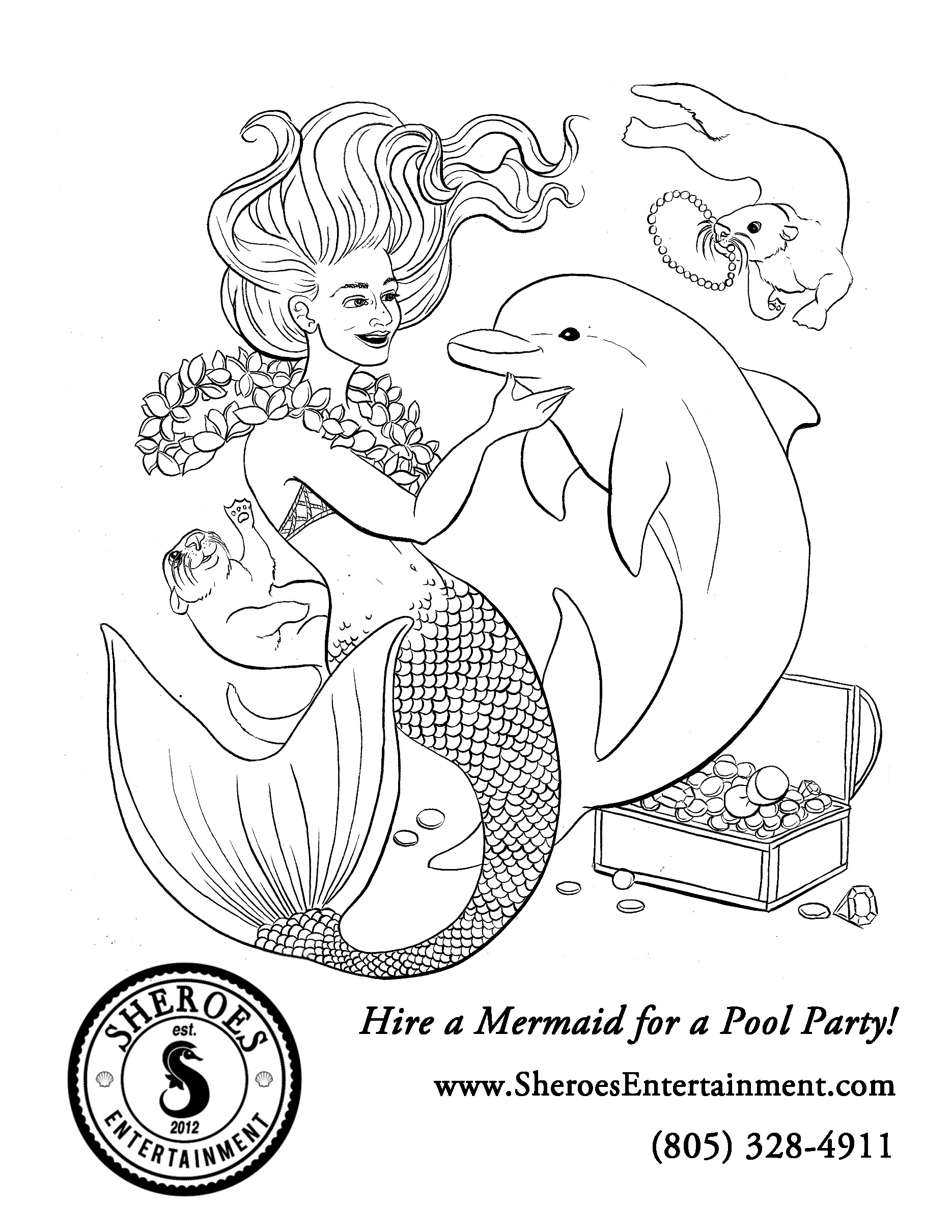 Mermaid with Treasure Chest Coloring Page.png