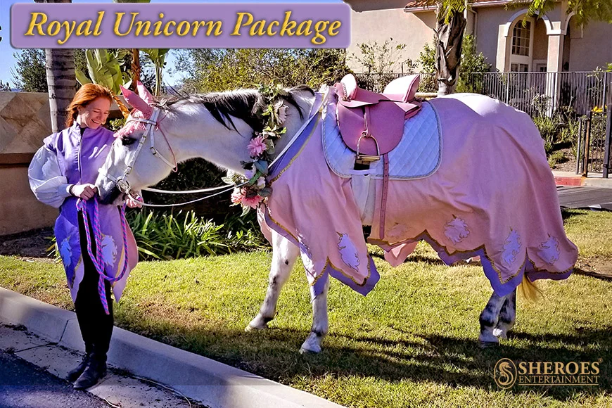 Our Royal Unicorn Package is what dreams are made of - imagine how excited your guests will be when this unicorn and costumed attendant(s) arrive to surprise them on the big day! This image shows our Royal Unicorn themed medieval fantasy costuming set on Milo the Magical Unicorn.
