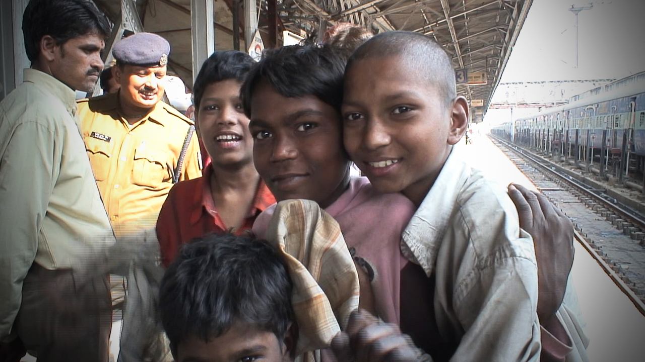 Young boys on Lucknow railway station. These boys are addicted to sniffing inhalants such as correction fluid
