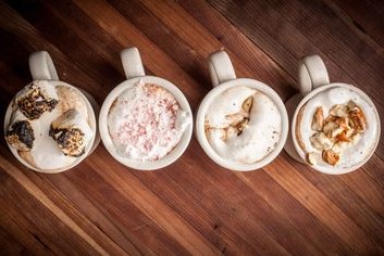 Hudson's Lodge signature hot cocoas include toppings such as burnt marshmallow, crushed candy cane, cookie dough and pretzels.