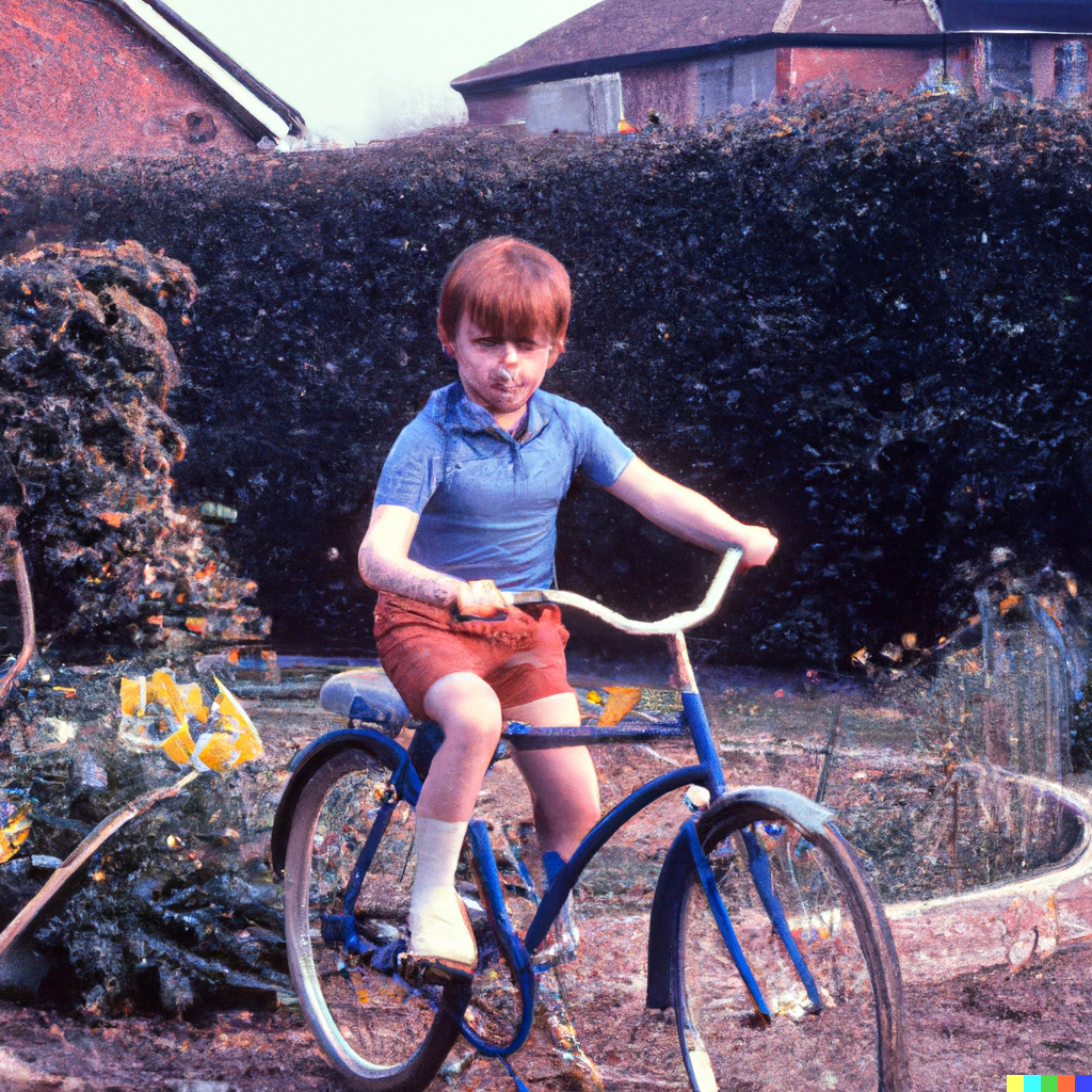 DALL·E 2023-03-07 11.59.45 - Boy on Raleigh boxer blue bike in garden United Kingdom  1970s Kodachrome slide .png