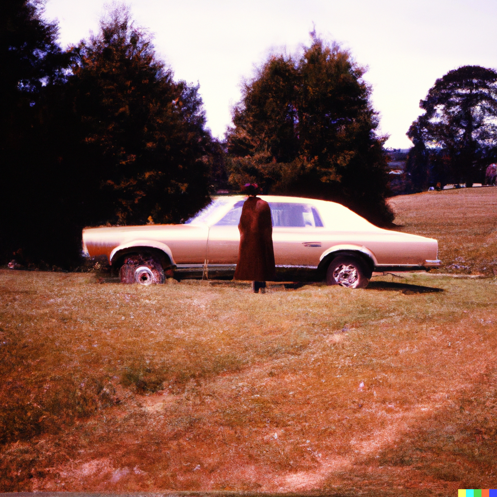 DALL·E 2023-03-07 12.01.26 - Uncanny solo person in by a brown car in countryside scene weird 1970s Kodachrome crime sighting .png