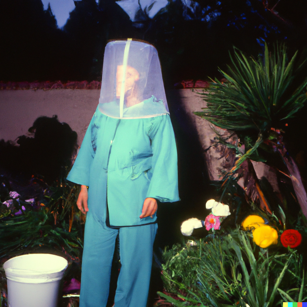 DALL·E 2023-03-07 12.00.58 - Solo Person after being arrested by police with coat over head in garden scene weird 1970s Kodachrome.png