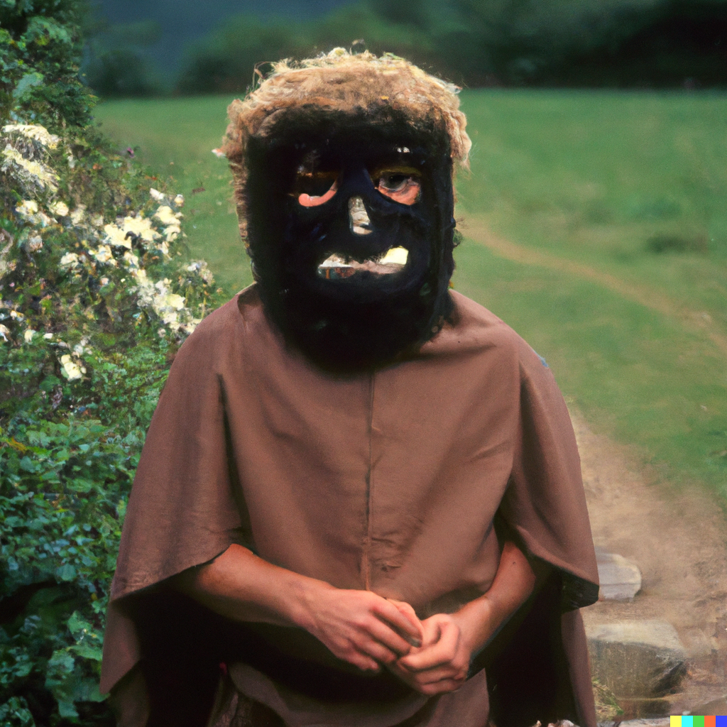 DALL·E 2023-03-07 12.02.39 - Folk ritual in small village in the United Kingdom solo person wearing masks sinister weird 1970s Kodachrome .png