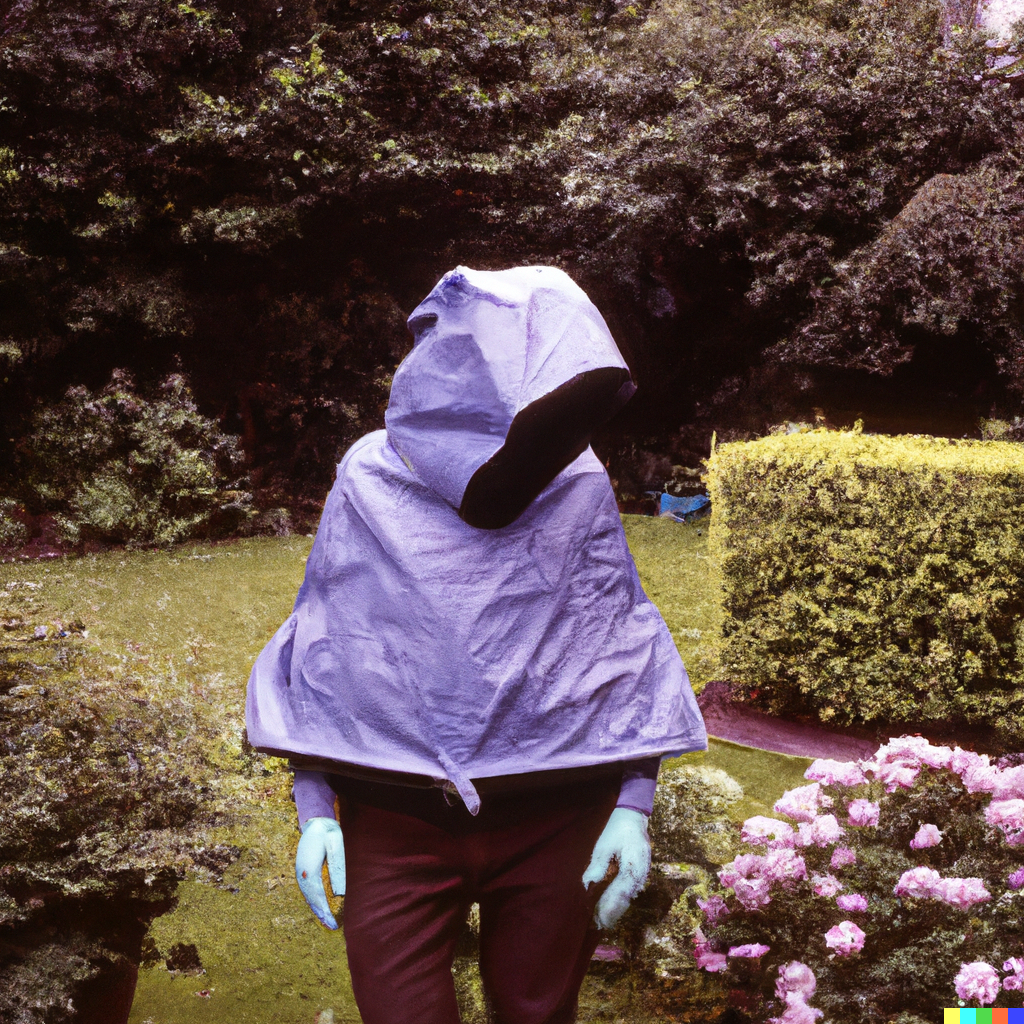 DALL·E 2023-03-07 12.01.03 - Solo Person after being arrested by police with coat over head in garden scene weird 1970s Kodachrome.png