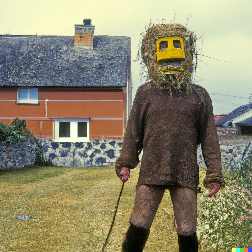 DALL·E 2023-03-07 12.03.00 - Wicker man in small village in the United Kingdom solo person wearing masks sinister weird 1970s Kodachrome .png