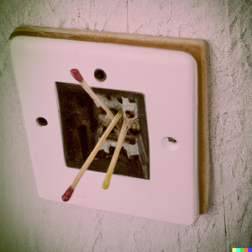 DALL·E 2023-04-03 11.33.14 - matchsticks in a wall plug socket with loose wiring dangerous whole empty room  instamatic 1970s photo .png