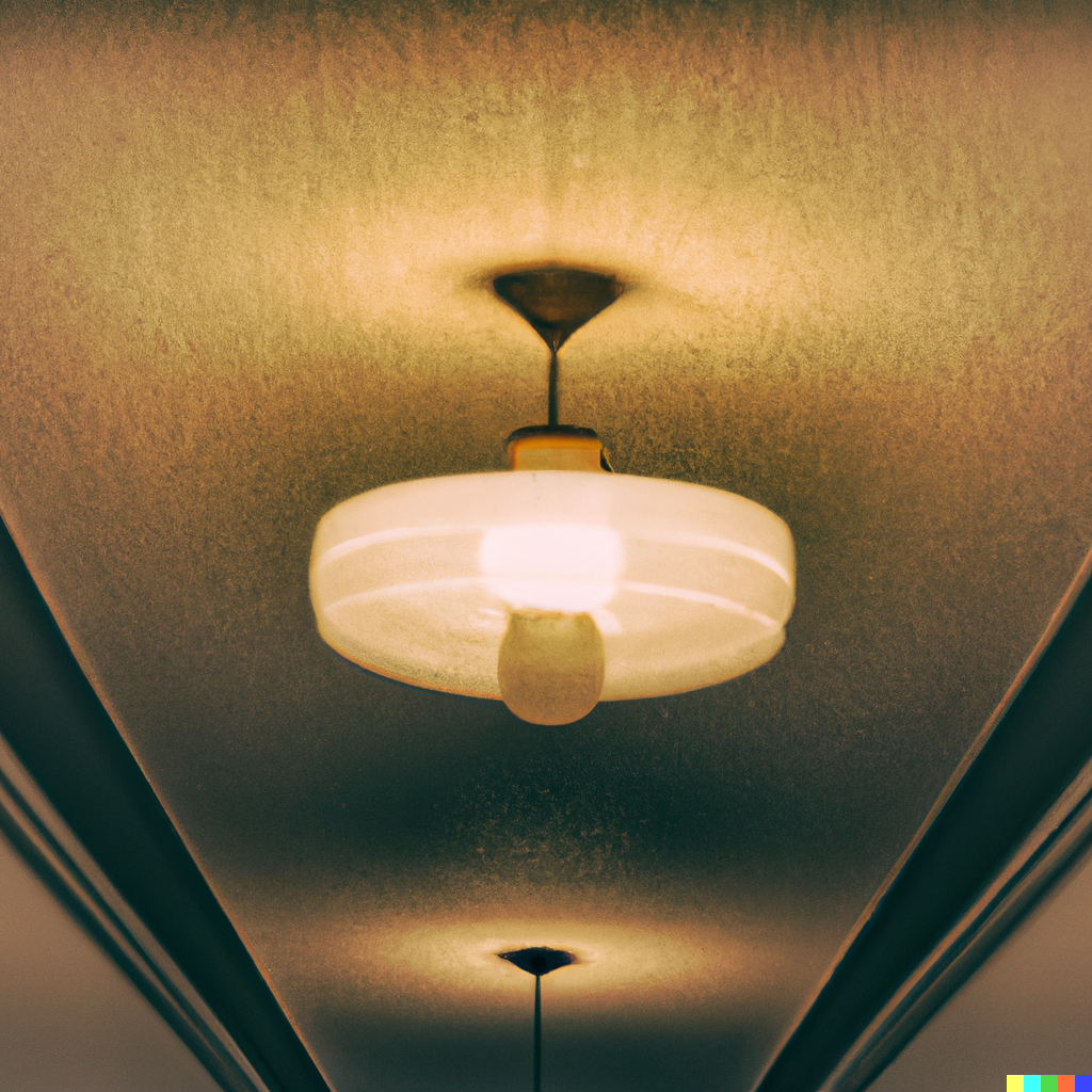 DALL·E 2023-04-03 11.33.35 - A lampshade on the ceiling in a long corridor  in a 1970s house that swinging back and forward scary weird uncanny .png