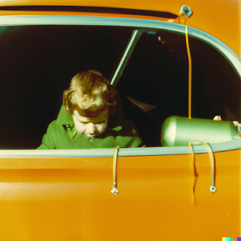 DALL·E 2023-04-03 11.34.08 - A weird and uncanny instamatic photograph of male child sitting in boot of a green austin car with orange flask in the 1970s.png