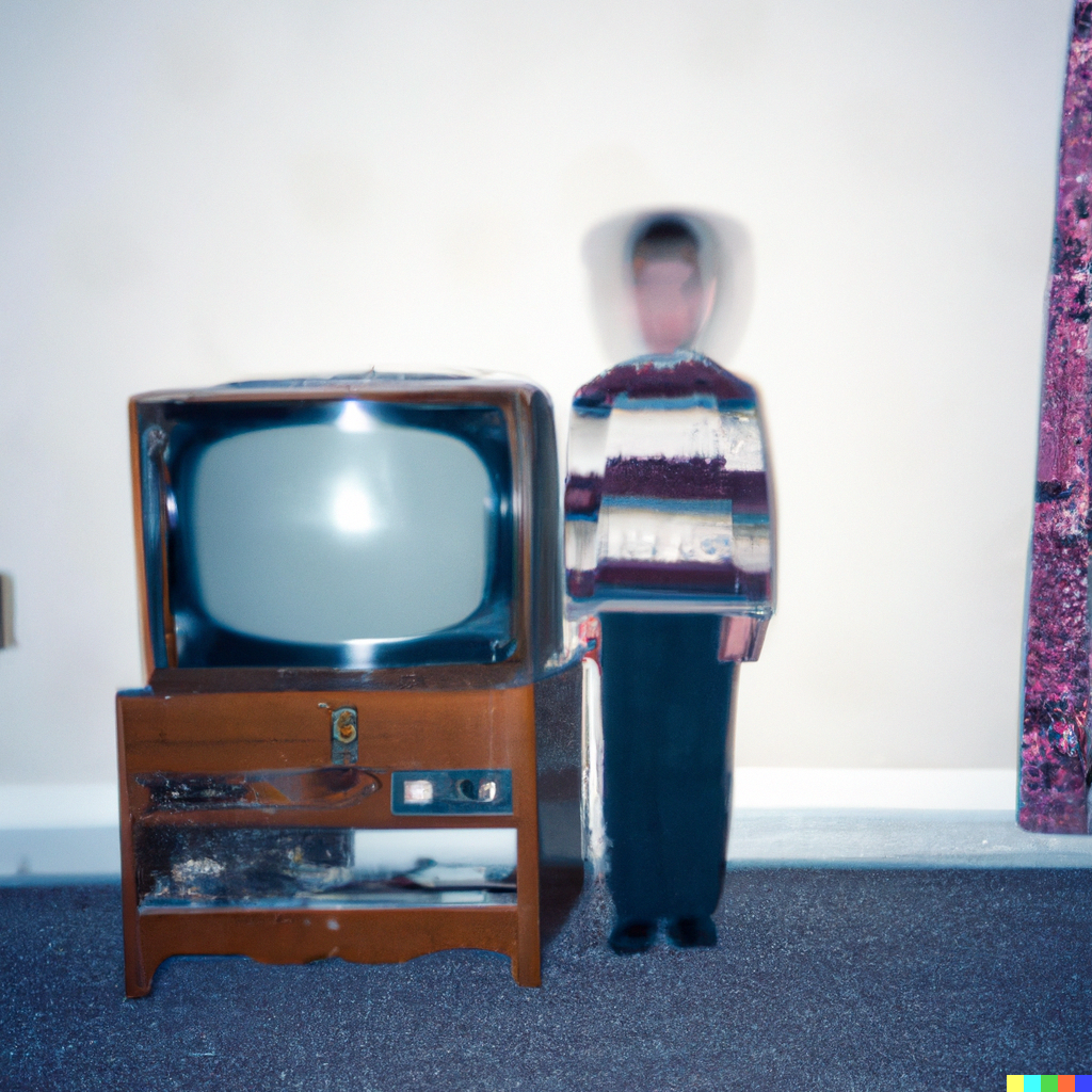 DALL·E 2023-04-03 11.34.36 - A weird and uncanny instamatic long shot photograph of male child with a new colour TV that is on a stand in large plain room of a house in the united.png