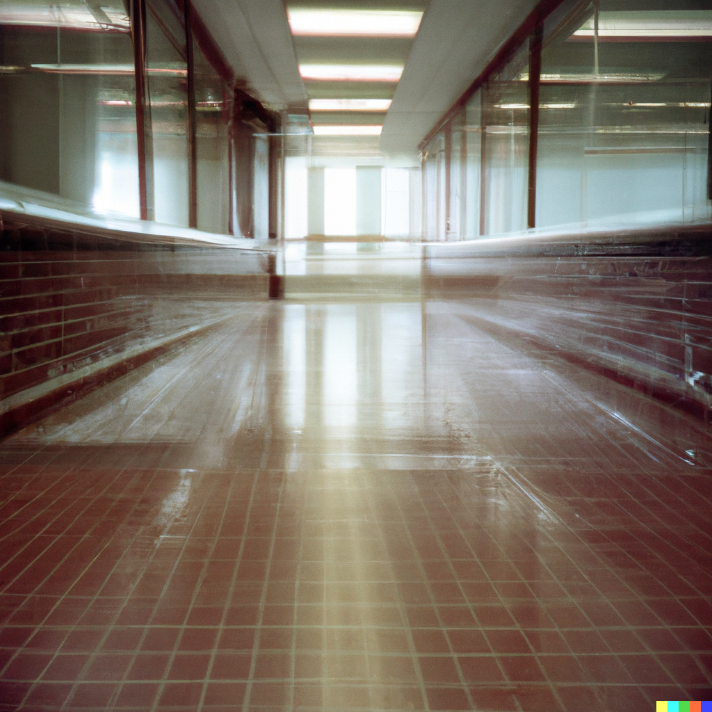 DALL·E 2023-04-03 11.35.15 - A photo of a weird long smooth brown brick corridor in  a 1980s hospital with glass on one side and a shiny floor taken on instamatic film .png