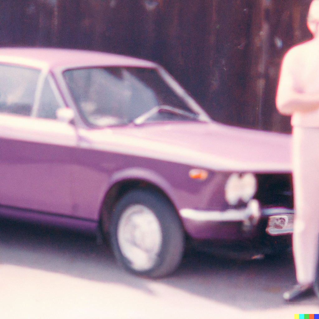 DALL·E 2023-04-03 11.35.57 - a 1970s instamatic camera photograph of a Purple Triumph dolomite car with a middle aged white male with a walking stick figure standing next to the, .png