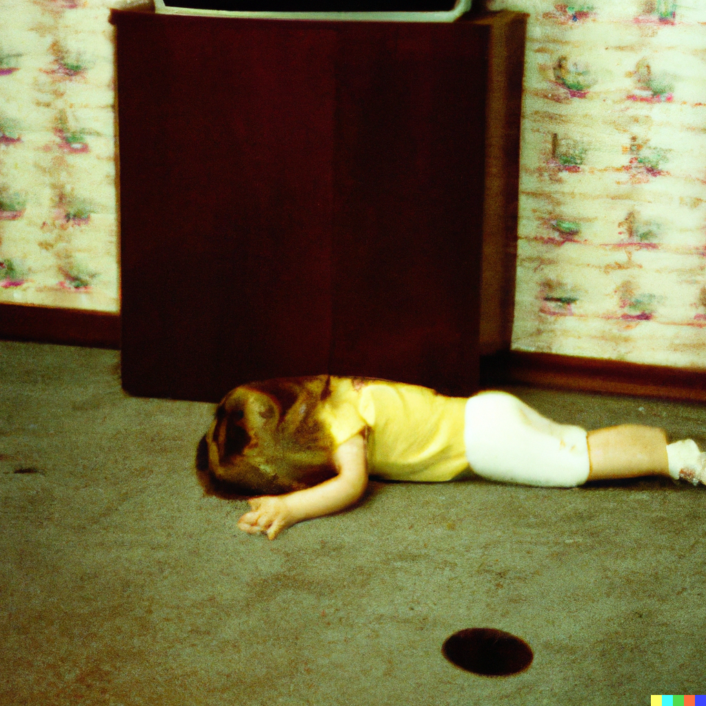 DALL·E 2023-04-03 11.31.28 -  A child pinned to the floor of a room under a television that has fallen on top of them Kodachrome instamatic film 1970s.png