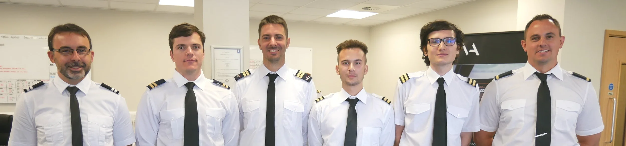 Graduates from APS MCC class 1815 who are now all flying commercially as first officers. From left to right, Martin (Flybe), Byron (Ryanair), Fabrizio (Ryanair), Simone (Ryanair), Massimiliano (Ryanair) and Aaron (Flybe),
