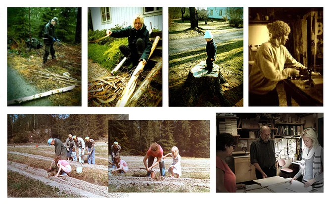 Top: My dad Lars-Ake, me and my son Casper on the farm. Bottom left: Planting trees in the forest with my grandfather Fritjof (left) and the whole family. I am on the right with my mum. Bottom right: My carpenter relatives who help me with a lot of the woodwork; Lars-Olof and Eva.