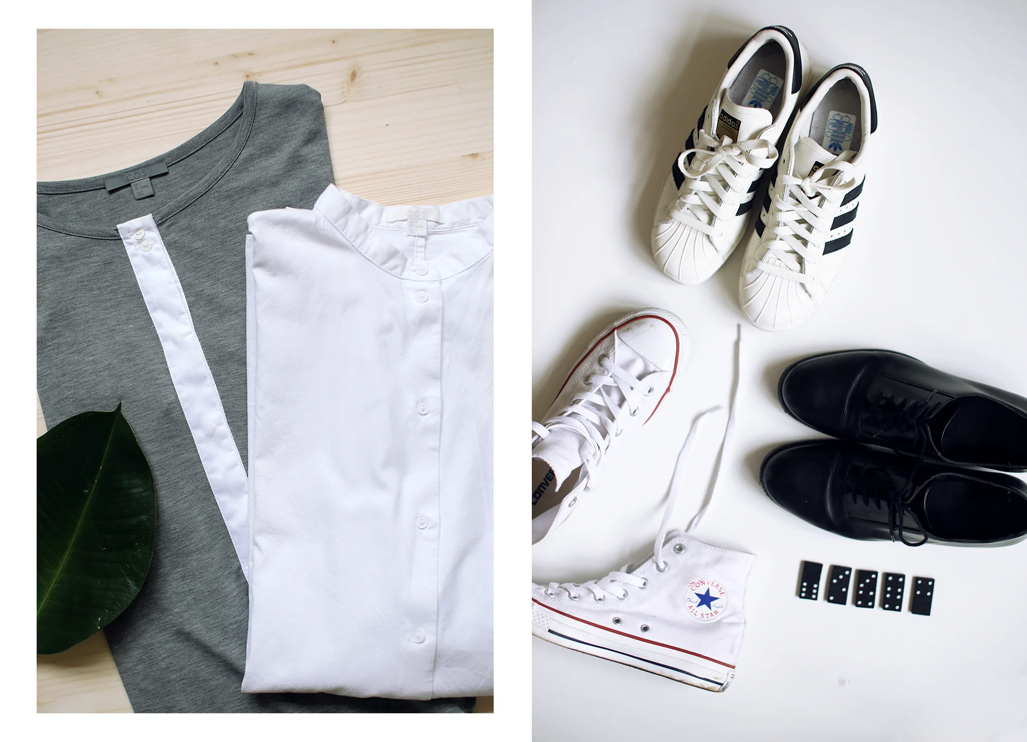  sivé šaty, košeľa - COS, topánky - Adidas Superstar, Converse, COS