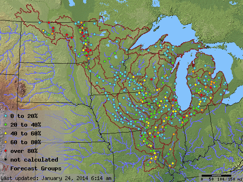 Chance that at least minor flooding will occur through April 28, 2014 at various points in the midwest (NOAA)