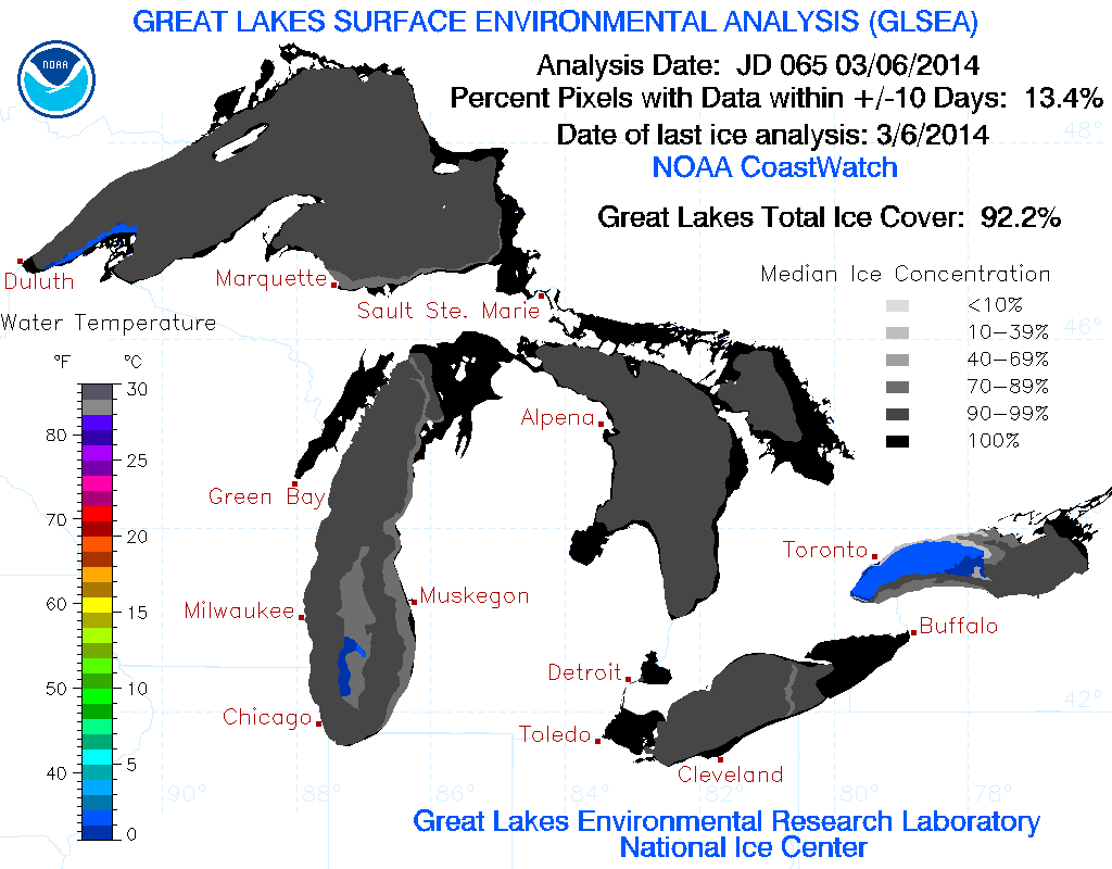 Great Lakes ice cover as of March 6th, 2014. (Credit: NOAA / Great Lakes Environmental Research Laboratory)