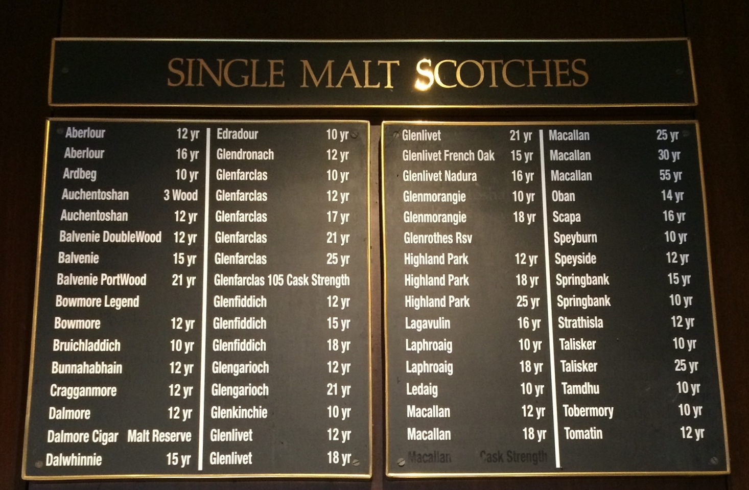 The selection of Scotches available as part of St. Paul Grill's Scotch Club.