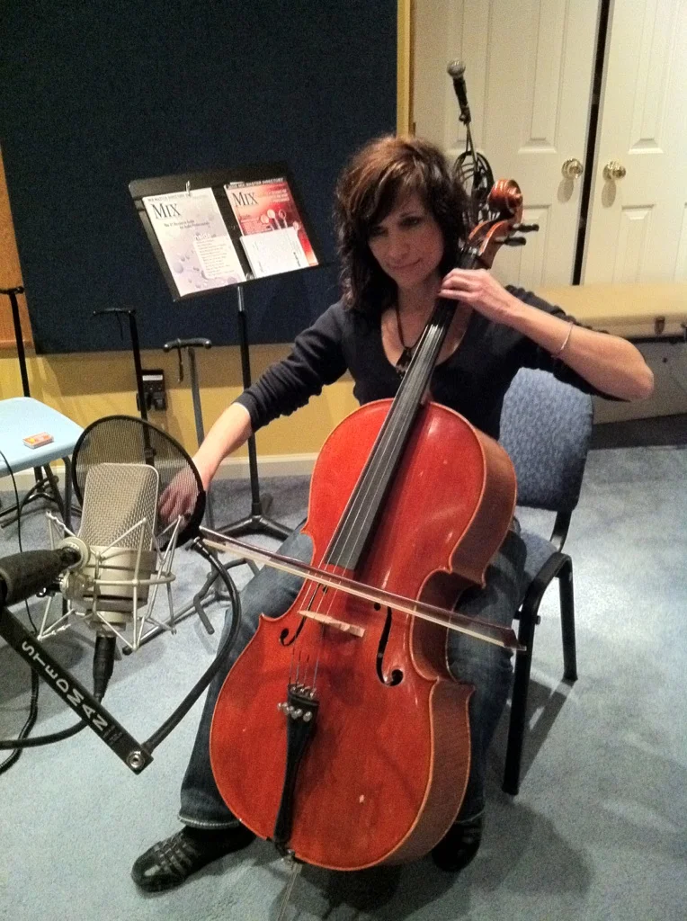 Gail Burnett recording some serious cello tracks