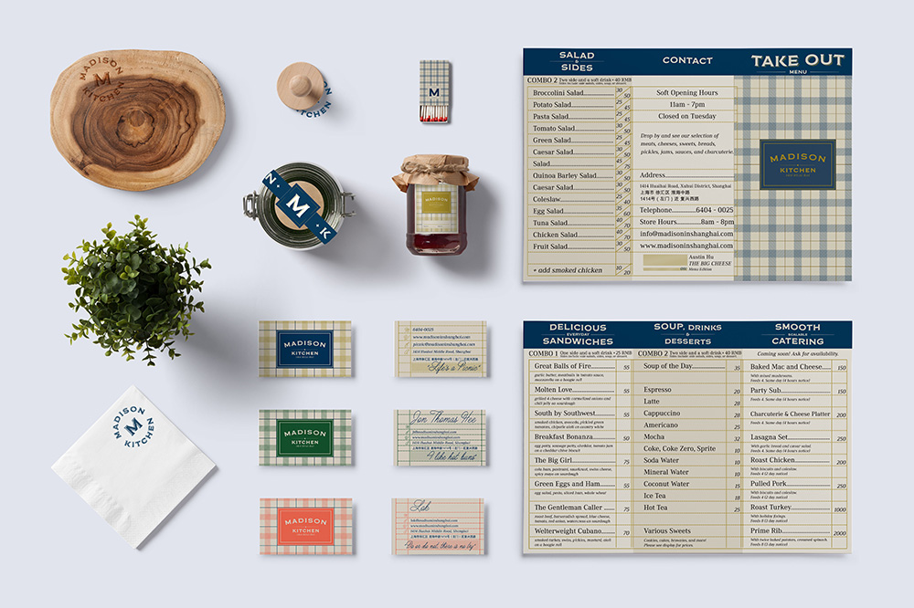 Various Collateral Designs, inspired by vintage mercantile receipts with a tri-fold menu for take outs.