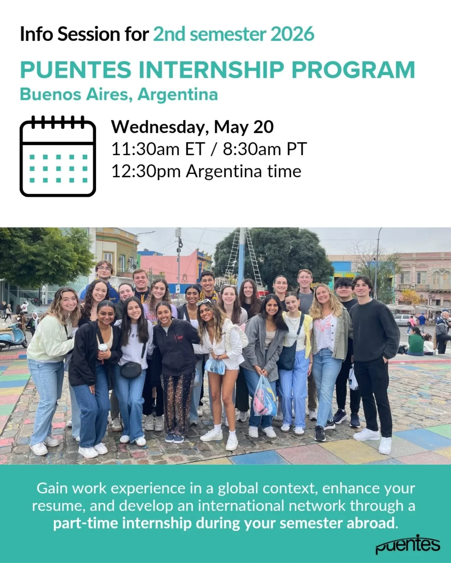 Join the info session tomorrow for more information on Semester Internship in Buenos Aires 🇦🇷 

🗓May 20 
⏰️12:30 Argentina time (11:30 ET / 8:30 PT)
👉🏻Register: https://us02web.zoom.us/meeting/register/k7u13wNpReKL4sSgse6TVQ#/registration

Profe